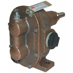 This pedestal-mount rotary gear pump features a bronze body with 1/4" FNPT ports and a stainless steel shaft. It delivers a flow rate of 6.9 gpm and does not include a relief valve. Suitable for transferring clean, non-abrasive fluids in applications such as lubrication systems or fluid circulation.