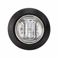 This LED clearance light features a round, surface-mount design with a clear lens and grommet mounting. It uses jacketed leads for electrical connection and is rated IP68 for dust and water ingress protection. Suitable for marking vehicle width and height on trailers, trucks, and heavy equipment