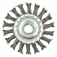 Twisted steel wire wheel brush with 4" diameter, 9/16" width, 5/8"-11 arbor, and 0.02" fill. Designed for heavy cleaning of contoured carbon steel surfaces, removing rust, scale, and weld splatter from irregular shapes