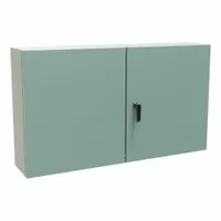 This steel enclosure measures 24 x 42 x 8 inches and is rated NEMA 12/3R for protection against dust, dirt, dripping water, and light rain. It features a solid hinged cover with a keyed handle closure and does not include knockouts. Suitable for housing electrical controls, terminals, and instruments in industrial or outdoor environments
