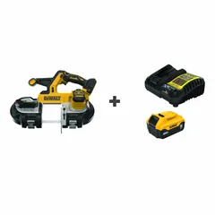 This cordless band saw features a brushless motor for efficient cutting. It has a 35 3/8 in blade length and a maximum cutting length of 3 3/8 in. The kit includes one battery and one charger. Suitable for cutting metal, conduit, and pipe in construction and maintenance applications.