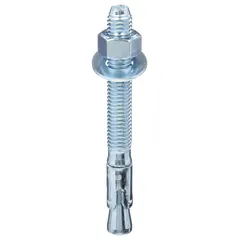 Steel wedge anchor with 1/2 in diameter, 4 1/2 in overall length, 2 3/4 in thread length, and 1/2"-13 thread size. Zinc-plated finish. Used for fastening structural steel, machinery, or equipment to solid concrete. Supplied in a 50-pack.