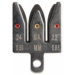 Steel replacement blade for wire strippers, with a 1-inch overall length. Designed for stripping insulation from wires in electrical and telecom applications. Meets JIC-4473, OK-3907, and ST-100 specifications.