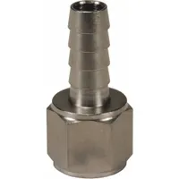 This 303 stainless steel rigid barbed hose fitting connects 3/8 in hose I.D. to NPTF threads via a hose barb x NPTF connection with male x female gender. The hex nipple grip type aids installation. Suitable for air, water, and chemical transfer in industrial fluid-handling systems