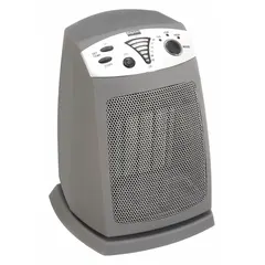 This portable electric desk heater delivers 900W or 1500W of power with two heat settings, providing 3071/5118 BtuH of heating capacity. It features mechanical controls, overheat protection, and a tip-over switch for safety. The gray housing measures 10-3/4 in x 8-3/8 in x 7-5/8 in, suitable for supplemental spot heating in offices, workshops, and small commercial spaces.