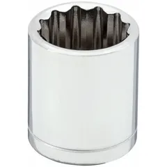 This 3/8" drive hand socket features a 14 mm metric size with a 12-point standard configuration. Constructed from chrome, it is used for tightening or loosening hex fasteners in automotive repair, machinery maintenance, and general industrial assembly.
