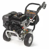 Gas-powered cold water pressure washer mounted on a cart. Delivers 3,500 psi at 2.8 gpm. Rated for 20 hours of use per week. Suitable for cleaning equipment, machinery, and surfaces in industrial and commercial settings