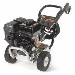 Gas-powered cold water pressure washer mounted on a cart. Delivers 3,500 psi at 2.8 gpm. Rated for 20 hours of use per week. Suitable for cleaning equipment, machinery, and surfaces in industrial and commercial settings.