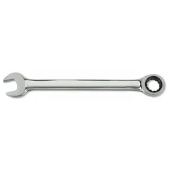 This SAE 12-point ratcheting combination wrench features a 1-3/4 inch head size and a 24-1/8 inch overall length. Constructed from alloy steel with a chrome finish, it is designed for tightening and loosening fasteners in industrial maintenance, automotive repair, and mechanical assembly. The standard (non-flex) design suits heavy-duty applications on large bolts and nuts.