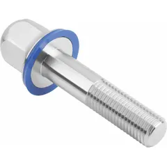Stainless steel crowned hygienic flanged hex head bolt with an FDA-approved pre-mounted sealing washer. Partially threaded, M12 size with a 30 mm minimum thread length. Suitable for use in food processing, pharmaceutical, and sanitary applications requiring washdown resistance and easy cleaning.