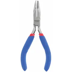 These bent needle-nose pliers have a 4 1/2 in overall length, 7/8 in jaw length, and 1/8 in tip width. The angled jaw design allows access to confined spaces for precision gripping, bending, and cutting tasks. Suitable for electrical work, jewelry making, and small-parts assembly where accuracy is required.