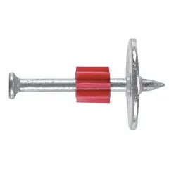 Pack of 100 pins designed for use with powder-actuated tools. Each pin has a head diameter of 0.3 inches and a shank diameter of 0.15 inches. Used for fastening materials to concrete or steel in construction and framing applications.