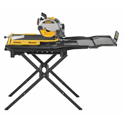 This 10-inch wet tile saw operates on 120 V AC at 15 A, with a maximum cutting depth of 3-3/8 inches. It is used for cutting ceramic, porcelain, and stone tiles in flooring and renovation applications. A hex wrench is included for blade changes.