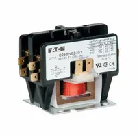 Single-phase definite purpose contactor for HVACR applications such as controlling compressors, fans, and pumps. Features 2 normally open main poles, 24V AC coil, 20 A rating, 690V AC maximum voltage, and quick-disconnect terminals in Frame Size B