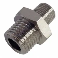 This threaded medium-pressure pipe fitting has a straight configuration with a 3/8 in male BSPT thread on one end and a 1/2 in male BSPP thread on the other. It is rated for a maximum operating pressure of 870 psi. Typical applications include connecting or extending metal piping in pneumatic, hydraulic, and fluid-handling systems