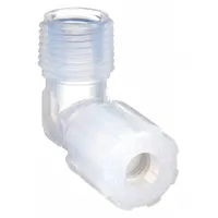 This PARGRIP compression fitting elbow connects 1/4 in OD PFA tubing to 1/2 in male NPT threads. Made of FDA-approved PFA, it is suitable for high-purity fluid systems requiring corrosion resistance and cleanliness