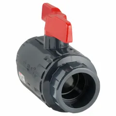 ASAHI manual two-way ball valve in PVC construction with straight pattern and socket x socket connections. Rated for 150 psi CWP. Used for on/off flow control in industrial piping systems handling water, chemicals, or air.
