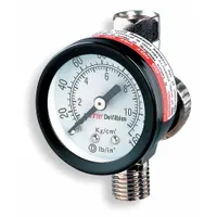 Air flow control valve with integrated air gauge for regulating and monitoring air pressure in paint spray systems. Used with DeVilbiss spray guns in industrial finishing applications