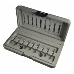 This 9-piece set of single-cut carbide burs features a 3/32" head diameter and 1/8" shank, identified by Trade Number SA-42. Designed for precision deburring, shaping, and finishing of metals and hard materials in industrial machining and tool-and-die applications.