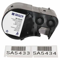 Thermal transfer precut label roll cartridge containing rectangle labels measuring 1 in x 1 3/4 in. Made of cryogenic polyester with black-on-white print. Designed for vial/tube sizes of 1.0 to 8.0 mL. Compatible with BMP53 printer series. Used for sample identification in laboratory and biobank environments.