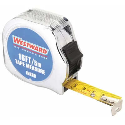 WESTWARD Tape Measure: Nonmagnetic Single Hook Tip, 16 ft / 5 m, Chromed Plastic - Inch & Metric Tape Measures