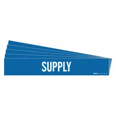 Blue adhesive pipe marker with white legend text reading 'Supply'. Designed for pipes with outer diameter of 8 inches and larger. Each pack contains 1 marker, sold in a 5-pack. Without directional arrows. Used for identifying supply lines in piping systems.