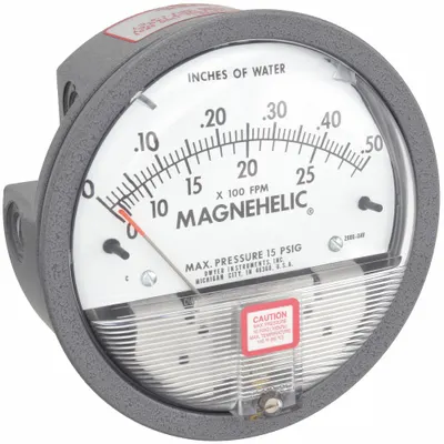 Dwyer Differential Pressure Gauge: Back/Single-Side, 1/8 in NPT Female, 2000 - Low Operating Pressure Differential Gauges with Air Velocity