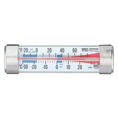 Analog thermometer for monitoring temperatures in refrigerators and freezers. Features a metal-detectable plastic case and lens, with ±2 °F accuracy. Clips or hangs inside cold storage units. NSF Certified.