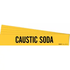 Yellow adhesive pipe marker with black legend reading 'Caustic Soda'. Designed for pipes with an outer diameter of 8 inches and larger. Each pack contains 5 markers, each without directional arrows. Used for identifying caustic soda lines in industrial piping systems.