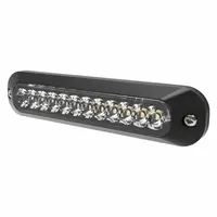 Rectangular LED warning light with amber/red output, black bezel, and bolt mount. Operates on 12-24V DC with blunt cut wires and 70 selectable flash patterns. Used on vehicles to enhance visibility and alert nearby personnel in work zones or traffic areas