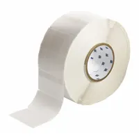 Vinyl wraparound label with white matte finish, sized 1 3/4 in x 3/4 in, for wire gauges 8 AWG to 2 AWG. Compatible with THT printer series; requires IP-R4307 ribbon. Used for permanent identification of wires and cables in industrial settings