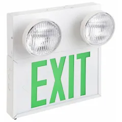 White steel exit sign with one green LED face and round top-mount emergency light heads. Operates on 120/277V AC and includes a lead calcium battery backup. Suitable for ceiling or wall mounting in commercial and industrial facilities to mark exits and provide illumination during power loss.