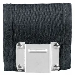 Black nylon holster designed to carry a tape measure on a work belt. Features an open-top closure and attaches via a belt slot to belts up to 2 1/4 inches wide. Suitable for electricians, construction workers, and maintenance technicians requiring hands-free access to a tape measure.