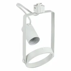 Incandescent spot track head rated at 120 W. Features a spot-shaped beam for directional accent lighting. Measures 5 1/8 in diameter and 5 3/4 in length. Finished in white. Suitable for track lighting systems in commercial and industrial environments.