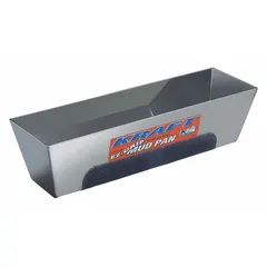 Stainless steel mud pan for holding and applying joint compound during drywall finishing. Overall length 14 1/4 in, overall width 3 in. Rust-resistant and easy to clean. Suitable for drywall taping and texturing tasks.