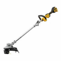 This battery-powered string trimmer features a brushless motor and a foldable shaft for compact storage. It has a cutting width of 13 to 15 inches and is not capable of automatic line advancement. Suitable for trimming grass and weeds in residential and light commercial settings.