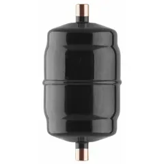Steel shell filter drier for liquid line applications in 8-ton systems. Uses molecular sieve desiccant to remove moisture, acids, and contaminants. Compatible with HC refrigerant group. Length: 5.9 inches.