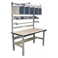 Laminate-top packing table with gray finish. Adjustable tabletop height from 30 in to 36 in. Includes an enclosed metal shelf with four dividers for organizing packing supplies. Suitable for industrial packing and assembly stations.
