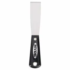 Standard scraper with a full, straight carbon steel blade and a straight, standard-end shape. The blade is stiff, and the handle is made of nylon. Suitable for applying and smoothing putty, spackle, or filler on surfaces in general construction and building maintenance tasks.