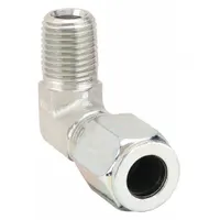 Steel compression fitting elbow from the Ferulok series. Connects 3/8 in OD tubing to 1/4 in pipe size with 1/4-18 thread. Used in hydraulic, pneumatic, and instrumentation tubing systems requiring a leak-resistant flareless bite-type joint