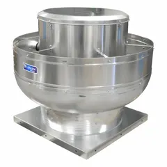 This belt-drive upblast exhaust fan is designed for commercial kitchen ventilation, exhausting grease-laden air and heat from cooking areas. It includes a drive package, features a 24 1/2 in wheel, and delivers 6,311 cfm with a 2 hp, 3-phase Open Dripproof motor. The fan is assembled with a square base for wall mounting and operates at 230/460V AC with variable speeds.