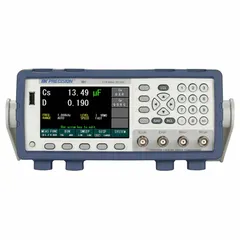 This LCR meter measures capacitance from 10 pF to 1 F, resistance from 0.01 ohm to 100 megaohm, and inductance from 10 mH to 1000 H. It includes USB and wireless connectivity for data transfer and remote control. Typical applications include testing capacitors, resistors, and inductors in circuit design, manufacturing, and repair.