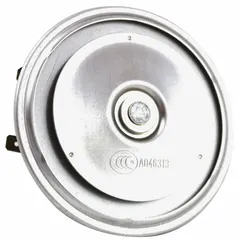 FIAMM electric-powered horn, low tone, 12V DC, unfinished silver finish. Includes jumper wire. Delivers 130 dB maximum sound level. Compatible with motorcycles for audible warning applications.