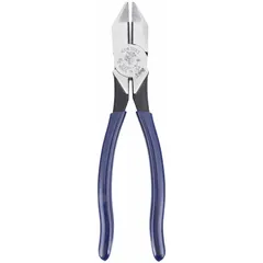 Standard lineman's pliers with an overall length of 8 5/8 in, jaw length of 1 1/2 in, jaw width of 1 1/4 in, and jaw thickness of 5/8 in. Features a dipped handle and integrated wire cutter. Flat jaw profile for gripping, twisting, and cutting wire in electrical and construction applications.