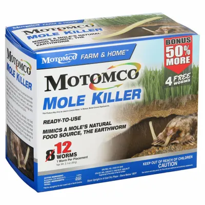 MOTOMCO Mole and Gopher Bait: Earthworm Shape, Outdoor Use, Bromethalin, Amber - Outdoor Equipment