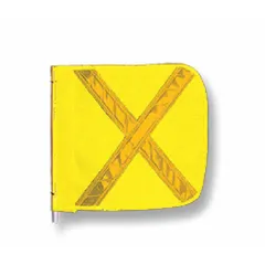 This yellow warning whip replacement flag measures 16 inches in height and width, featuring a reflective X pattern for enhanced visibility. It is designed to replace worn or damaged flags on vehicles or equipment, alerting personnel to the presence of slow-moving or wide loads in low-light conditions.
