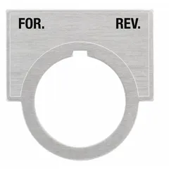 Half-round legend plate with 30 mm panel mounting size, 1 1/2 in overall height and 2 in overall width. Brushed aluminum construction with gray metallic finish and English 'For-Rev' legend. Tab attachment for secure installation. Used to label push-button controls in industrial machinery and control panels.
