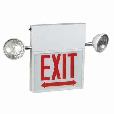 BIG BEAM Chicago Combo Exit Sign - Single Face: White, 1 Faces, Red, LED - Steel Exit Signs with Round Side-Mount Light Heads