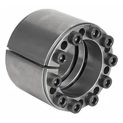 Multi-screw locking assembly keyless bushing for mounting components such as pulleys or sprockets onto a shaft without keys or keyways. Provides a secure, zero-backlash connection for power transmission in industrial machinery. Inch-system design with 5 7/64 in outer diameter and 3.543 in width, no flange.