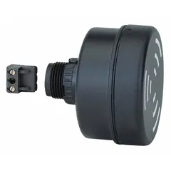 Tone alarm for audible signaling in industrial environments. Operates on 115V AC with 0.73W power consumption. Black housing, 72 mm diameter. Rated for indoor and outdoor use.